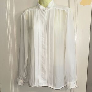 Vintage 70s/80s Astor One White High Neck‎ Pleat Front Long Sleeve Blouse